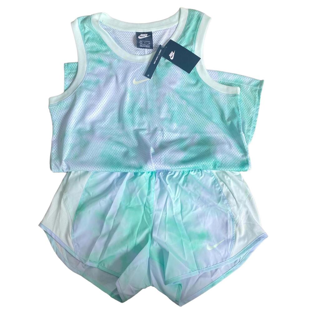 NWT Nike Icon Clash City Sleek Women's Running Tank Shorts Set Green Tie Dye